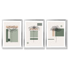 Set of 3 Sketch Flowers with Green and Beige Geometric  Framed Art Prints with Silver Wood Frames