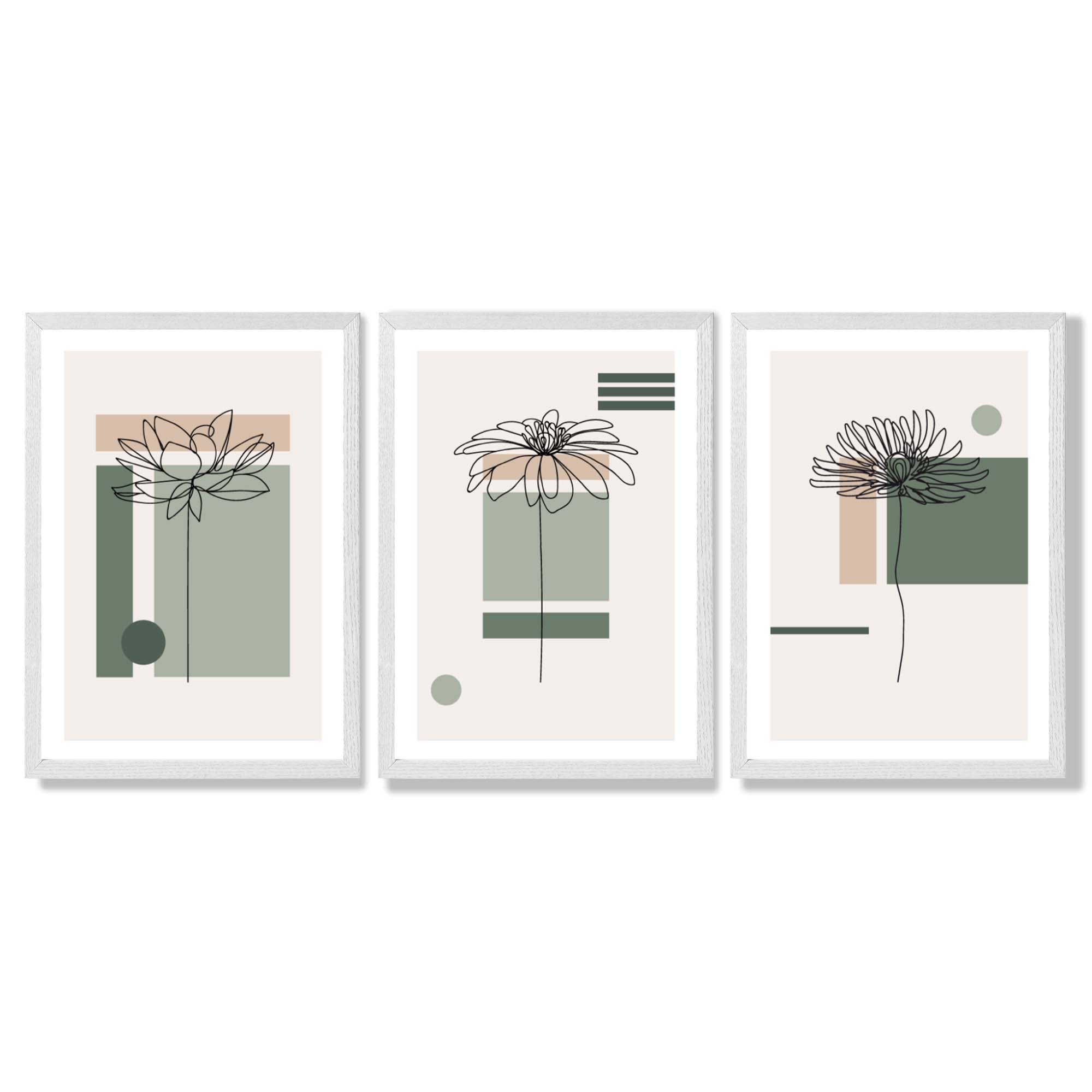 Set of 3 Sketch Flowers with Green and Beige Geometric  Framed Art Prints with White Wooden Frames