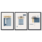 Set of 3 Sketch Flowers with Blue and Yellow Geometric  Framed Art Prints with Black Wooden Frames