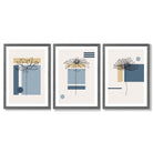 Set of 3 Sketch Flowers with Blue and Yellow Geometric  Framed Art Prints with Dark Grey Wooden Frames
