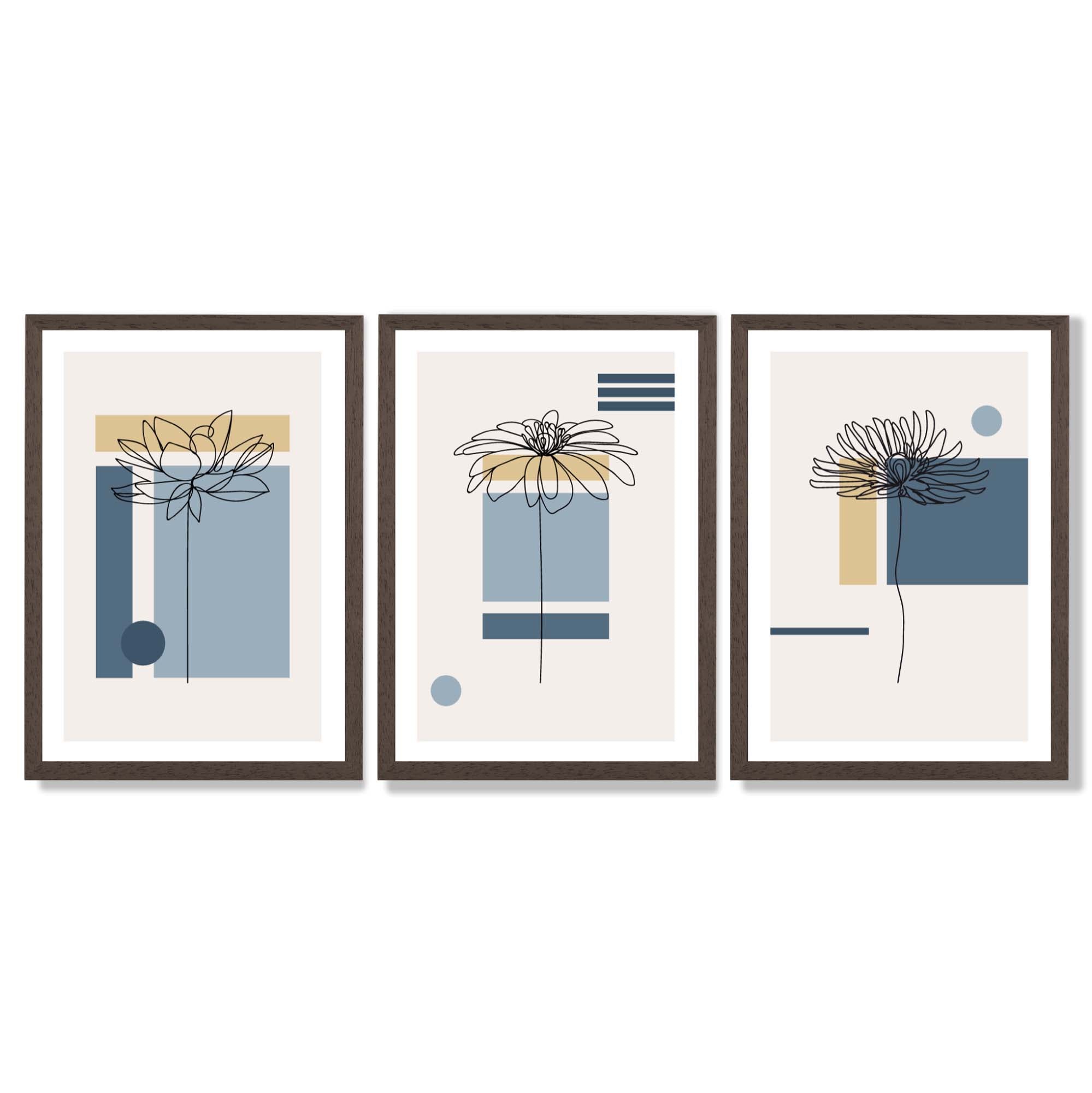 Set of 3 Sketch Flowers with Blue and Yellow Geometric  Framed Art Prints with Dark Wood Frames