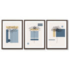 Set of 3 Sketch Flowers with Blue and Yellow Geometric  Framed Art Prints with Dark Wood Frames