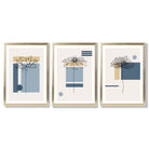 Set of 3 Sketch Flowers with Blue and Yellow Geometric  Framed Art Prints with Gold Wood Frames