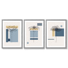 Set of 3 Sketch Flowers with Blue and Yellow Geometric  Framed Art Prints with Light Grey Wooden Frames