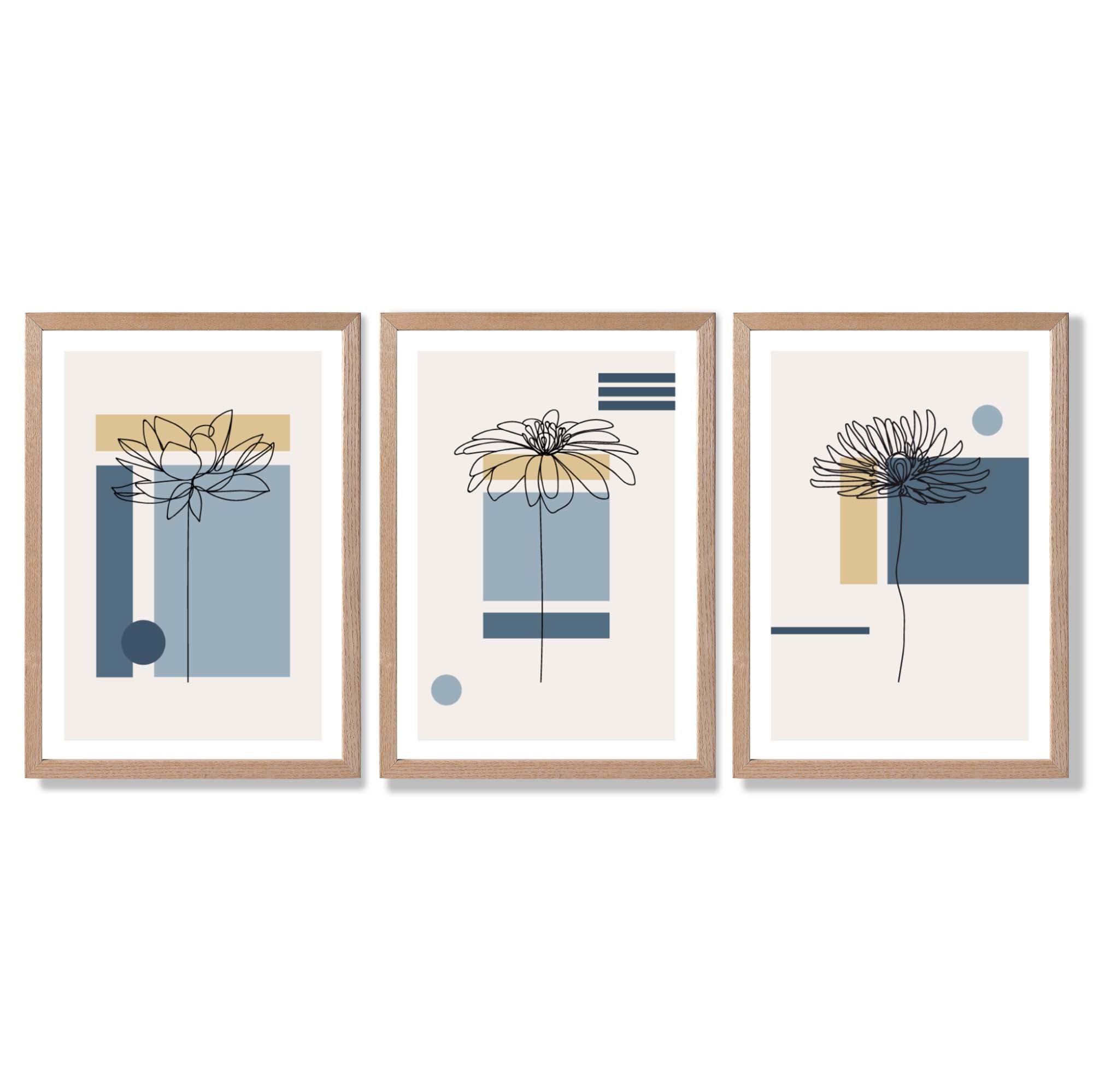 Set of 3 Sketch Flowers with Blue and Yellow Geometric  Framed Art Prints with Light Oak Frames