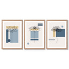 Set of 3 Sketch Flowers with Blue and Yellow Geometric  Framed Art Prints with Light Oak Frames