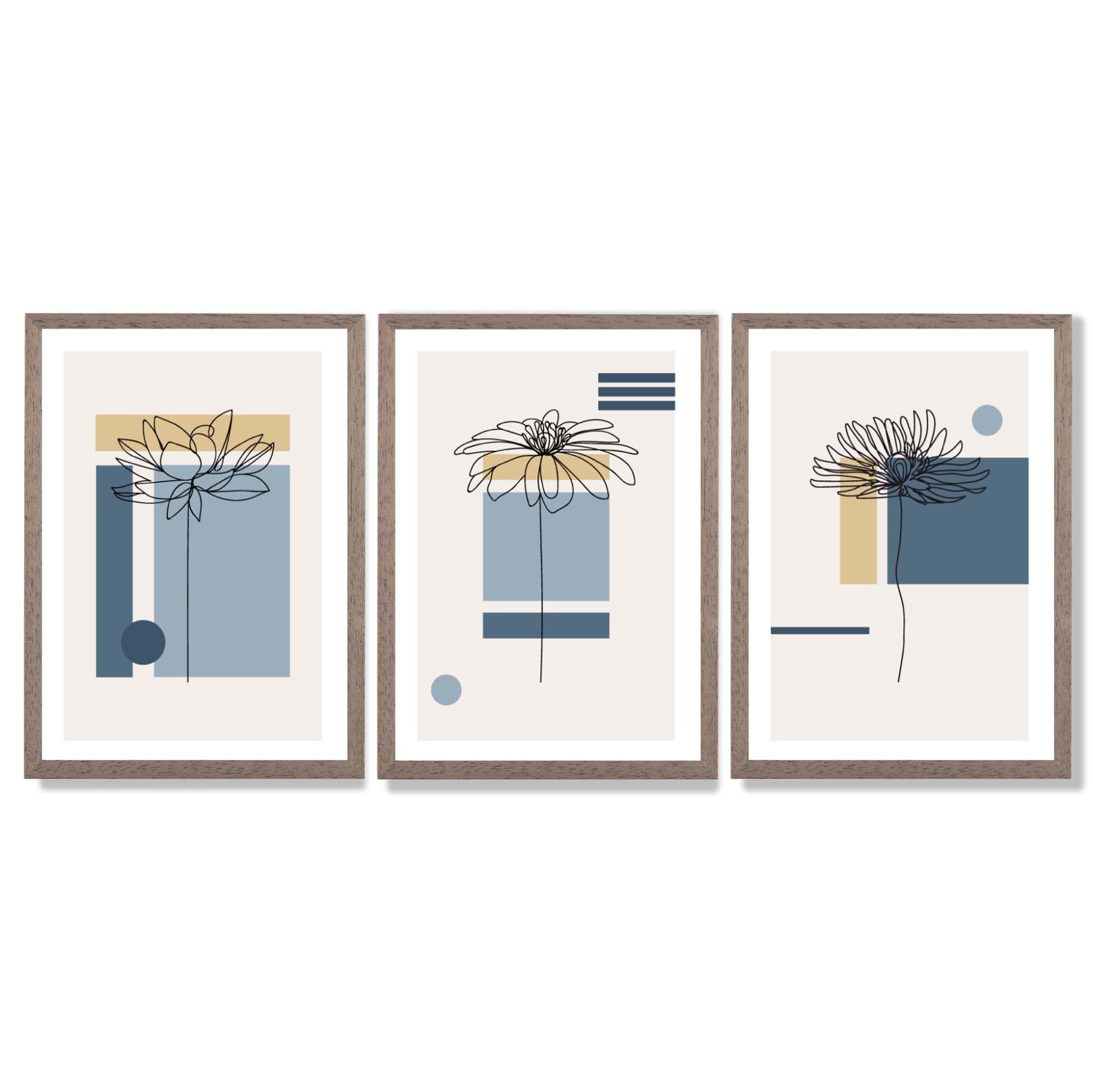 Set of 3 Sketch Flowers with Blue and Yellow Geometric  Framed Art Prints with Light Walnut Frames