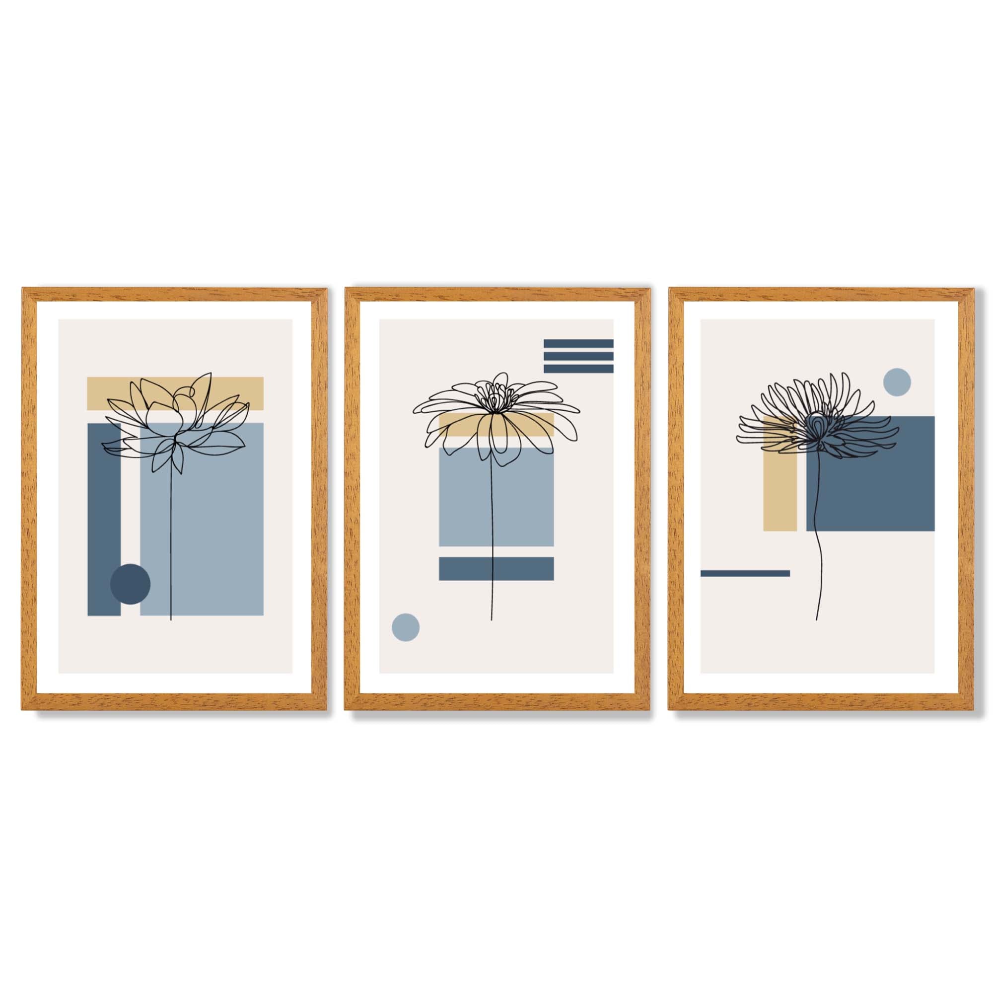 Set of 3 Sketch Flowers with Blue and Yellow Geometric  Framed Art Prints with Oak Wooden Frames