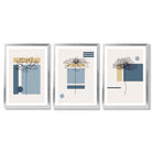 Set of 3 Sketch Flowers with Blue and Yellow Geometric  Framed Art Prints with Silver Wood Frames