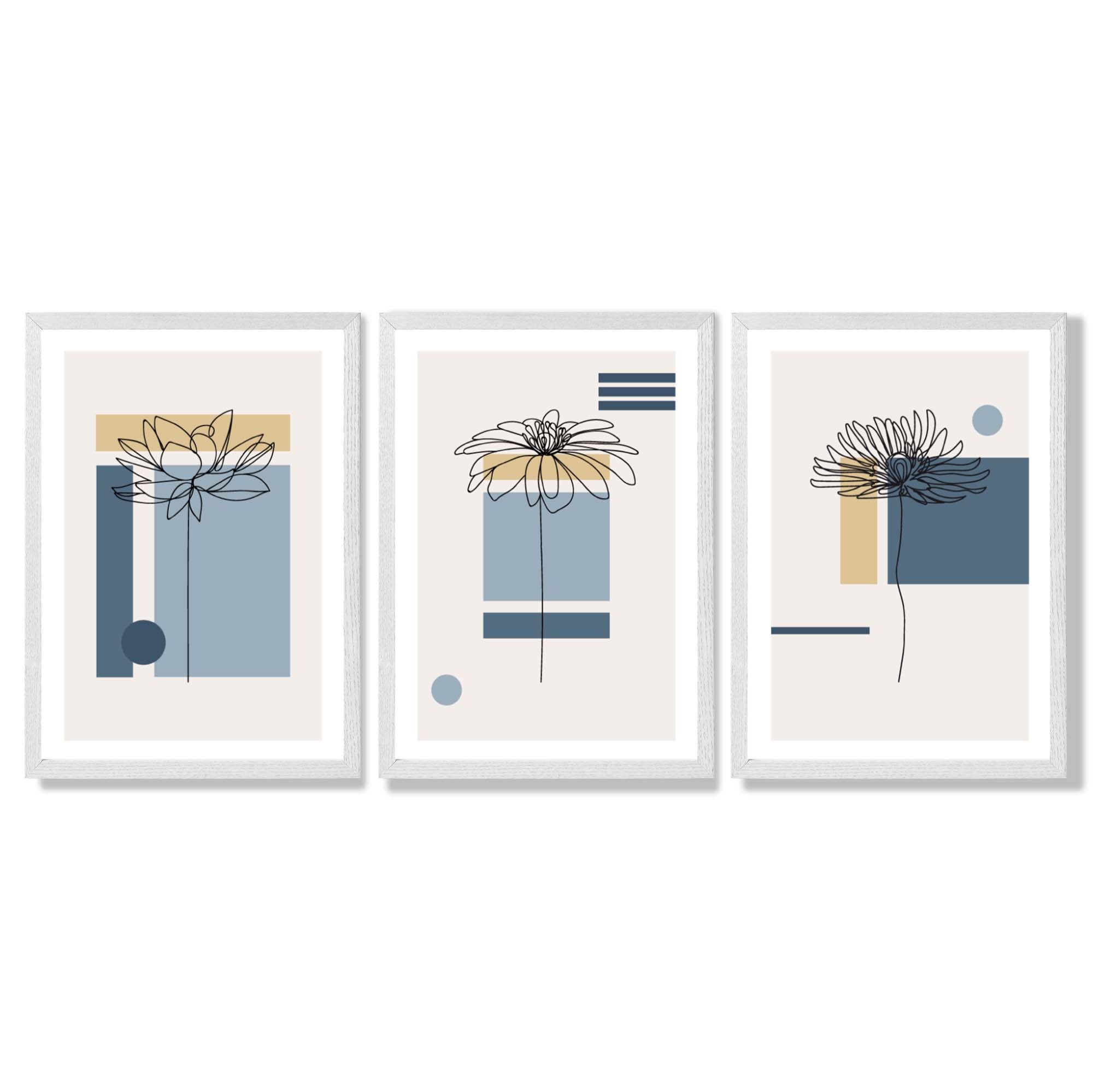 Set of 3 Sketch Flowers with Blue and Yellow Geometric  Framed Art Prints with White Wooden Frames