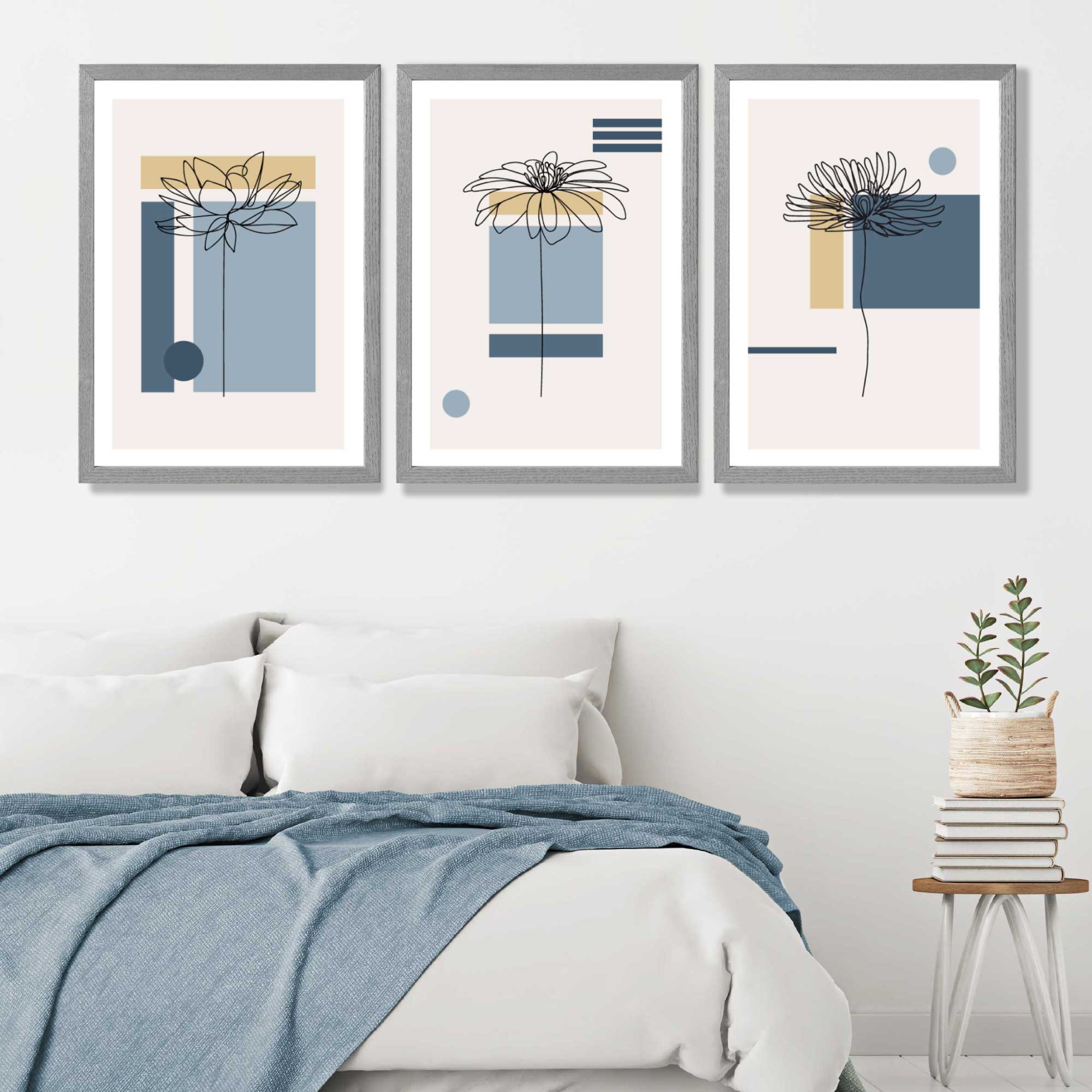 Set of 3 Sketch Flowers with Blue and Yellow Geometric  Art Prints in Luxury Frames | Artze UK