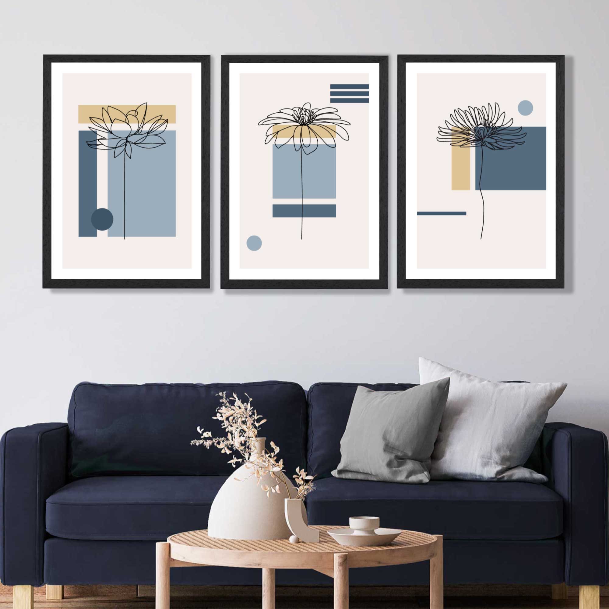 Set of 3 Sketch Flowers with Blue and Yellow Geometric  Art Prints in Black Frames | Artze UK