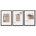 Set of 3 Sketch Flowers with Beige Shades Geometric  Framed Art Prints with Black Wooden Frames
