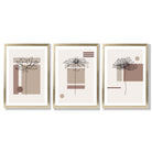 Set of 3 Sketch Flowers with Beige Shades Geometric  Framed Art Prints with Gold Wood Frames