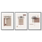 Set of 3 Sketch Flowers with Beige Shades Geometric  Framed Art Prints with Light Grey Wooden Frames