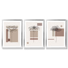 Set of 3 Sketch Flowers with Beige Shades Geometric  Framed Art Prints with Silver Wood Frames