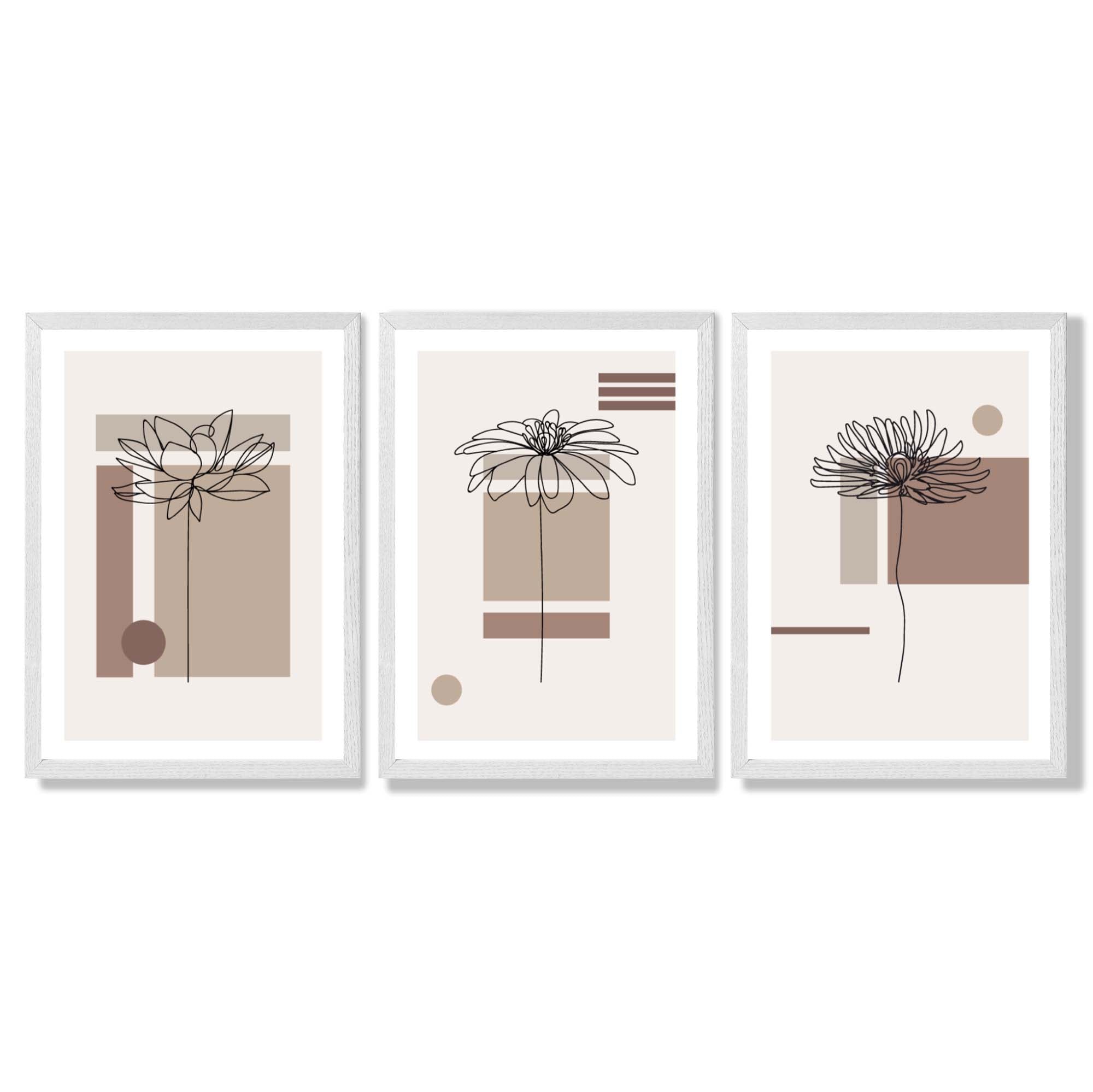 Set of 3 Sketch Flowers with Beige Shades Geometric  Framed Art Prints with White Wooden Frames