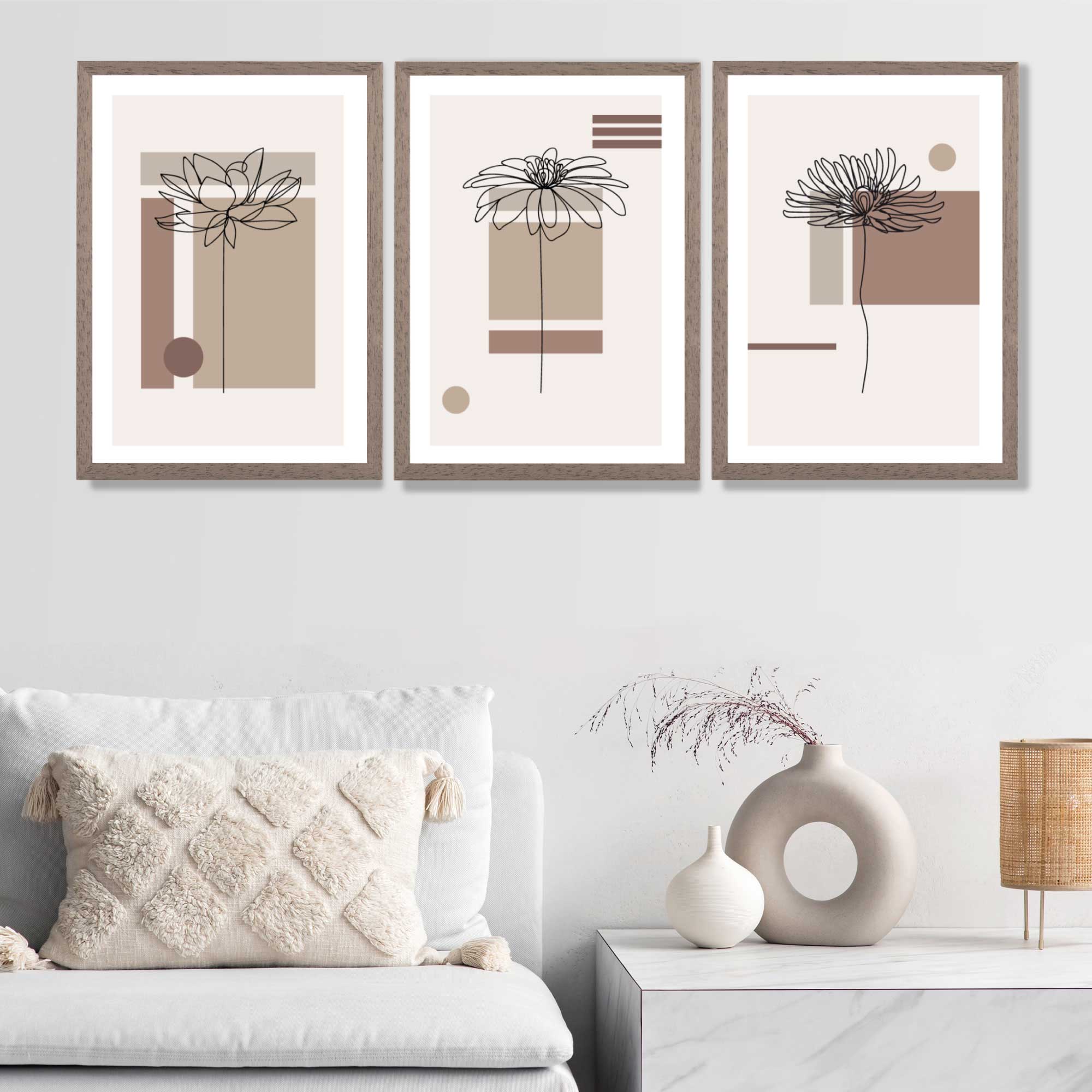 Set of 3 Sketch Flowers with Beige Shades Geometric  Art Prints in Luxury Frames | Artze UK