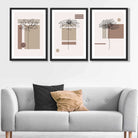 Set of 3 Sketch Flowers with Beige Shades Geometric  Art Prints in Black Frames | Artze UK