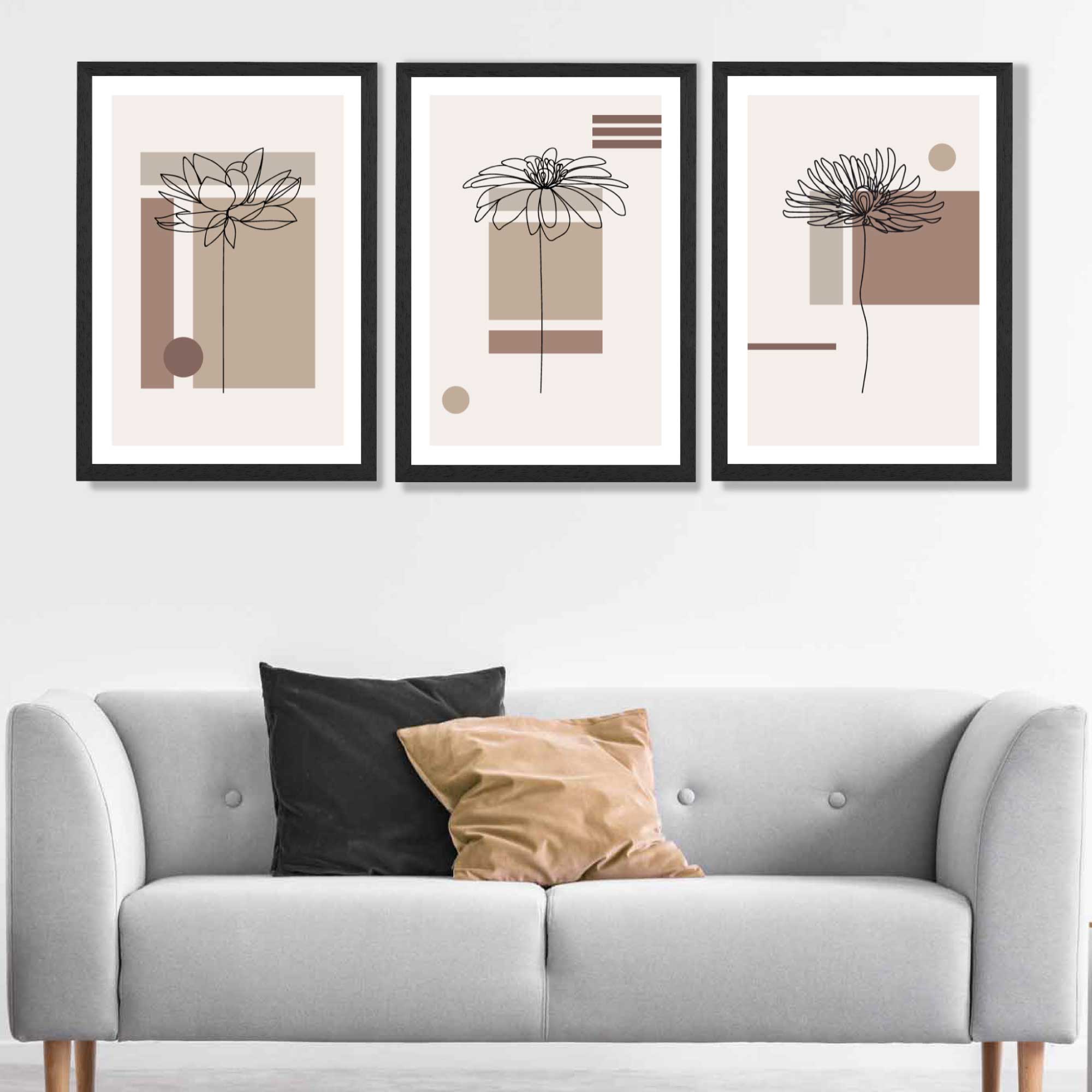 Set of 3 Sketch Flowers with Beige Shades Geometric  Art Prints in Black Frames | Artze UK