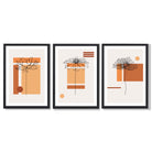 Set of 3 Sketch Flowers with Orange Shades Geometric  Framed Art Prints with Black Wooden Frames