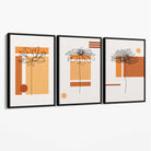 Set of 3 Sketch Flowers with Orange Shades Geometric  Canvas Art Prints with Black Float Frame