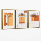 Set of 3 Sketch Flowers with Orange Shades Geometric  Canvas Art Prints with Gold Float Frame