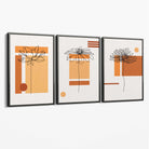 Set of 3 Sketch Flowers with Orange Shades Geometric  Canvas Art Prints with Grey Float Frame