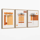 Set of 3 Sketch Flowers with Orange Shades Geometric  Canvas Art Prints with Oak Float Frame