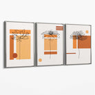 Set of 3 Sketch Flowers with Orange Shades Geometric  Canvas Art Prints with Silver Float Frame