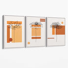 Set of 3 Sketch Flowers with Orange Shades Geometric  Canvas Art Prints with White Float Frame