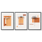 Set of 3 Sketch Flowers with Orange Shades Geometric  Framed Art Prints with Dark Grey Wooden Frames