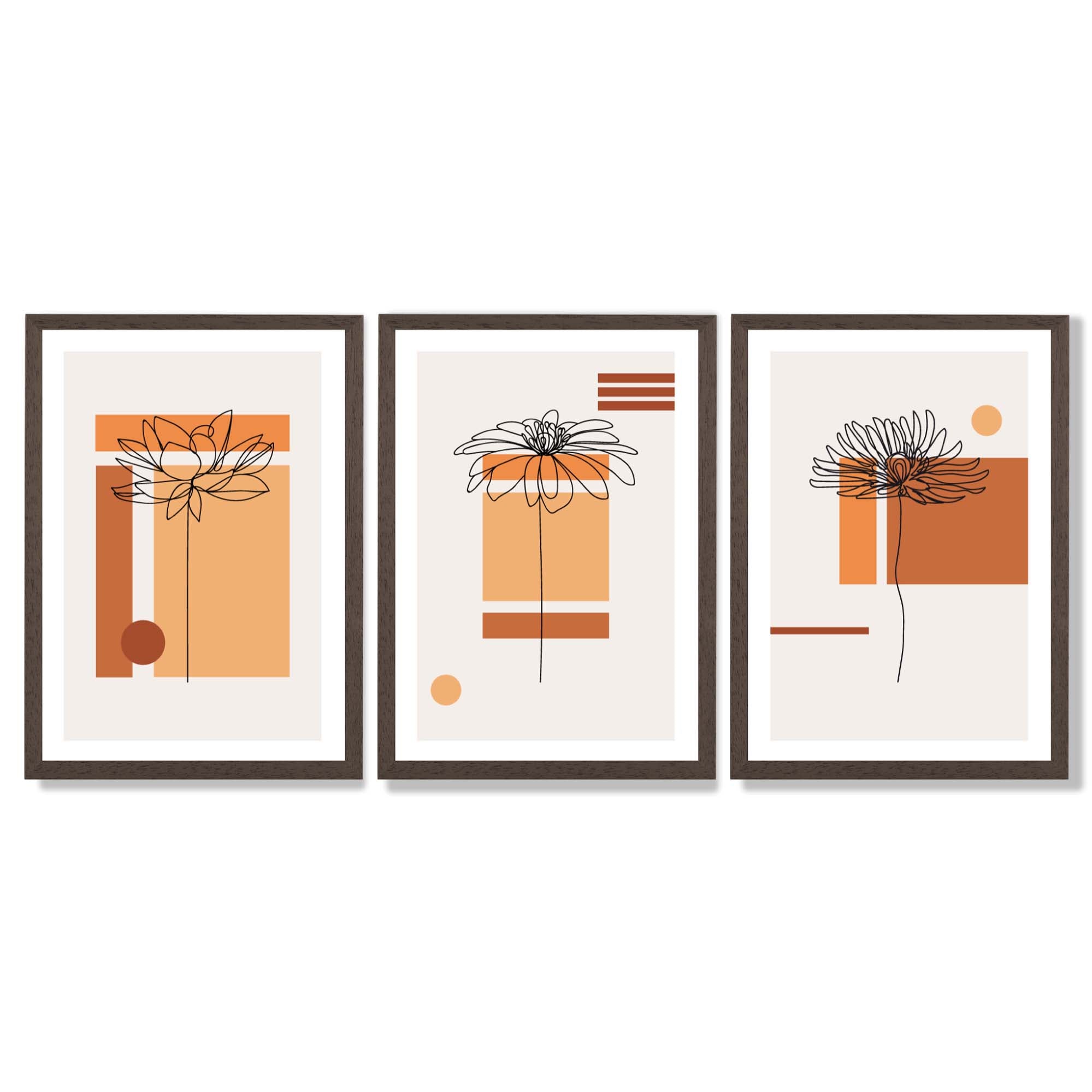 Set of 3 Sketch Flowers with Orange Shades Geometric  Framed Art Prints with Dark Wood Frames