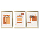 Set of 3 Sketch Flowers with Orange Shades Geometric  Framed Art Prints with Gold Wood Frames
