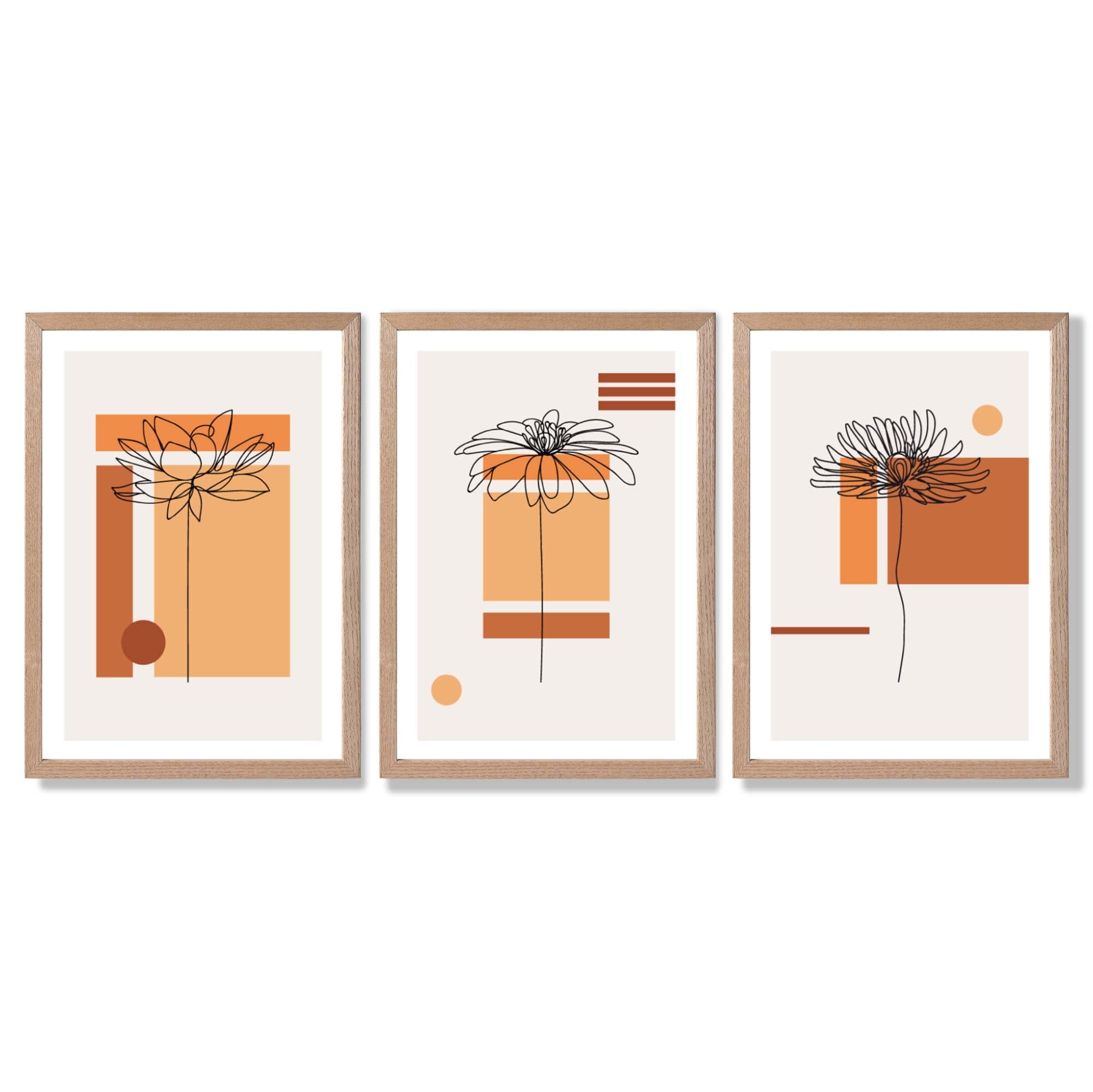 Set of 3 Sketch Flowers with Orange Shades Geometric  Framed Art Prints with Light Oak Frames