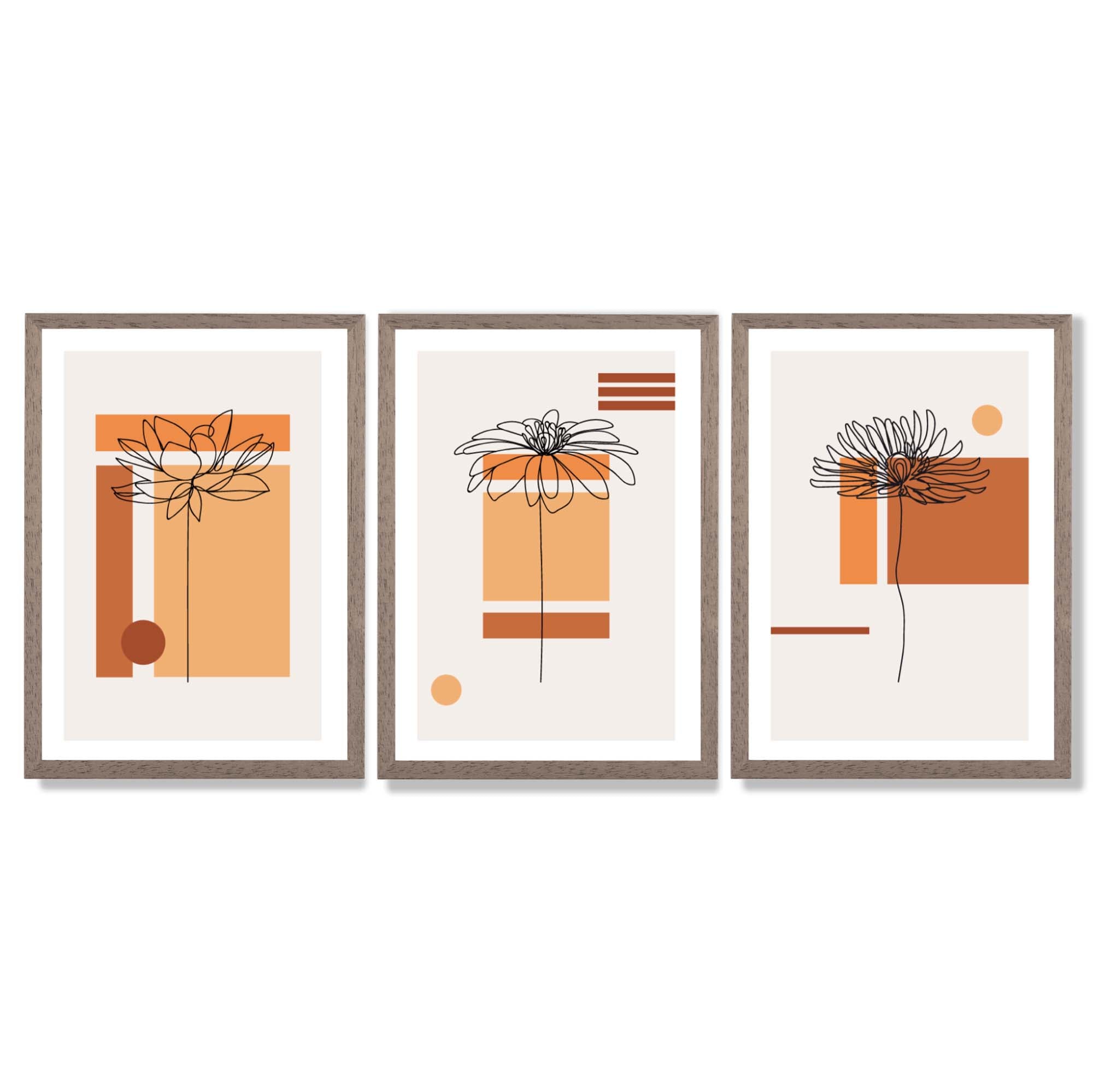 Set of 3 Sketch Flowers with Orange Shades Geometric  Framed Art Prints with Light Walnut Frames