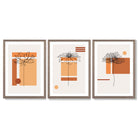 Set of 3 Sketch Flowers with Orange Shades Geometric  Framed Art Prints with Light Walnut Frames