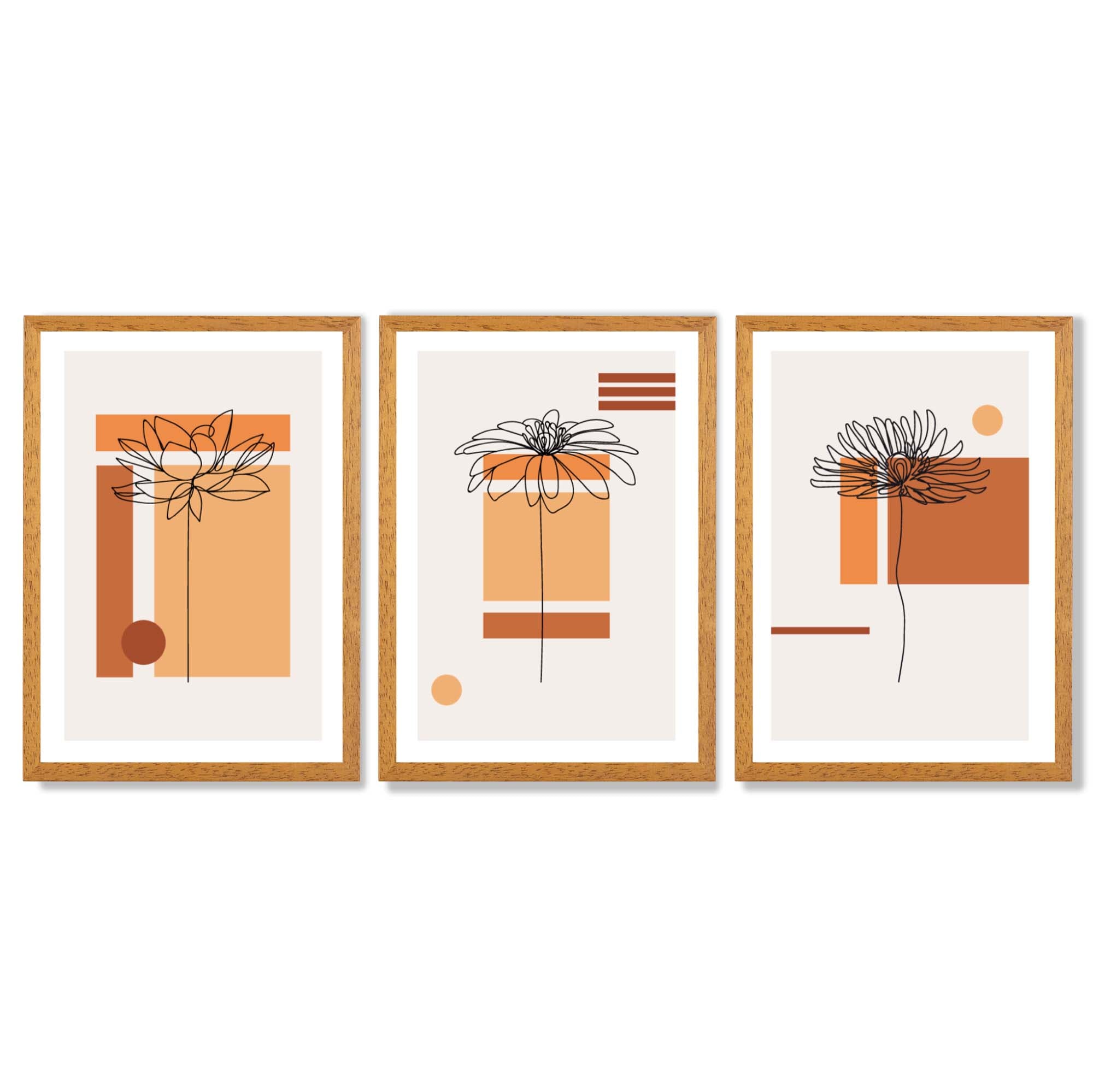 Set of 3 Sketch Flowers with Orange Shades Geometric  Framed Art Prints with Oak Wooden Frames