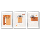 Set of 3 Sketch Flowers with Orange Shades Geometric  Framed Art Prints with Silver Wood Frames