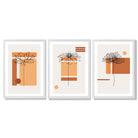 Set of 3 Sketch Flowers with Orange Shades Geometric  Framed Art Prints with White Wooden Frames