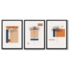 Set of 3 Sketch Flowers with Navy and Orange Geometric  Framed Art Prints with Black Wooden Frames