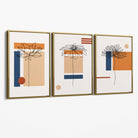 Set of 3 Sketch Flowers with Navy and Orange Geometric  Canvas Art Prints with Gold Float Frame
