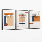 Set of 3 Sketch Flowers with Navy and Orange Geometric  Canvas Art Prints with Grey Float Frame