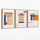 Set of 3 Sketch Flowers with Navy and Orange Geometric  Canvas Art Prints with Oak Float Frame