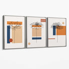 Set of 3 Sketch Flowers with Navy and Orange Geometric  Canvas Art Prints with Silver Float Frame
