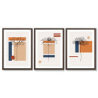 Set of 3 Sketch Flowers with Navy and Orange Geometric  Framed Art Prints with Dark Wood Frames