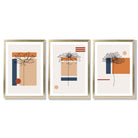 Set of 3 Sketch Flowers with Navy and Orange Geometric  Framed Art Prints with Gold Wood Frames