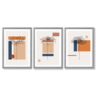 Set of 3 Sketch Flowers with Navy and Orange Geometric  Framed Art Prints with Light Grey Wooden Frames