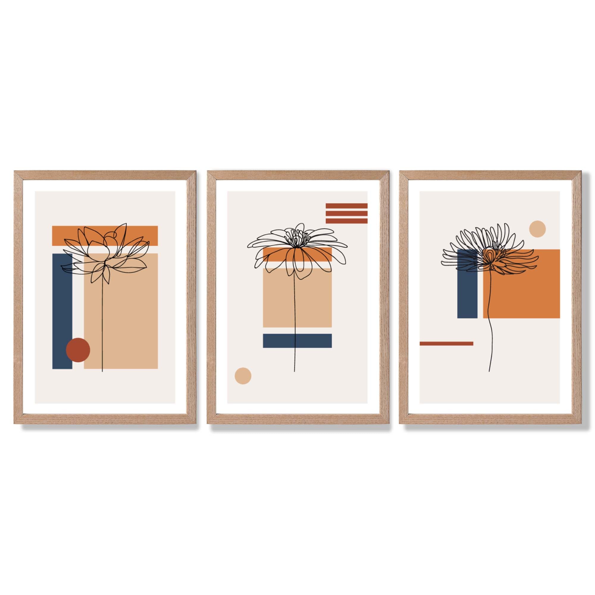Set of 3 Sketch Flowers with Navy and Orange Geometric  Framed Art Prints with Light Oak Frames