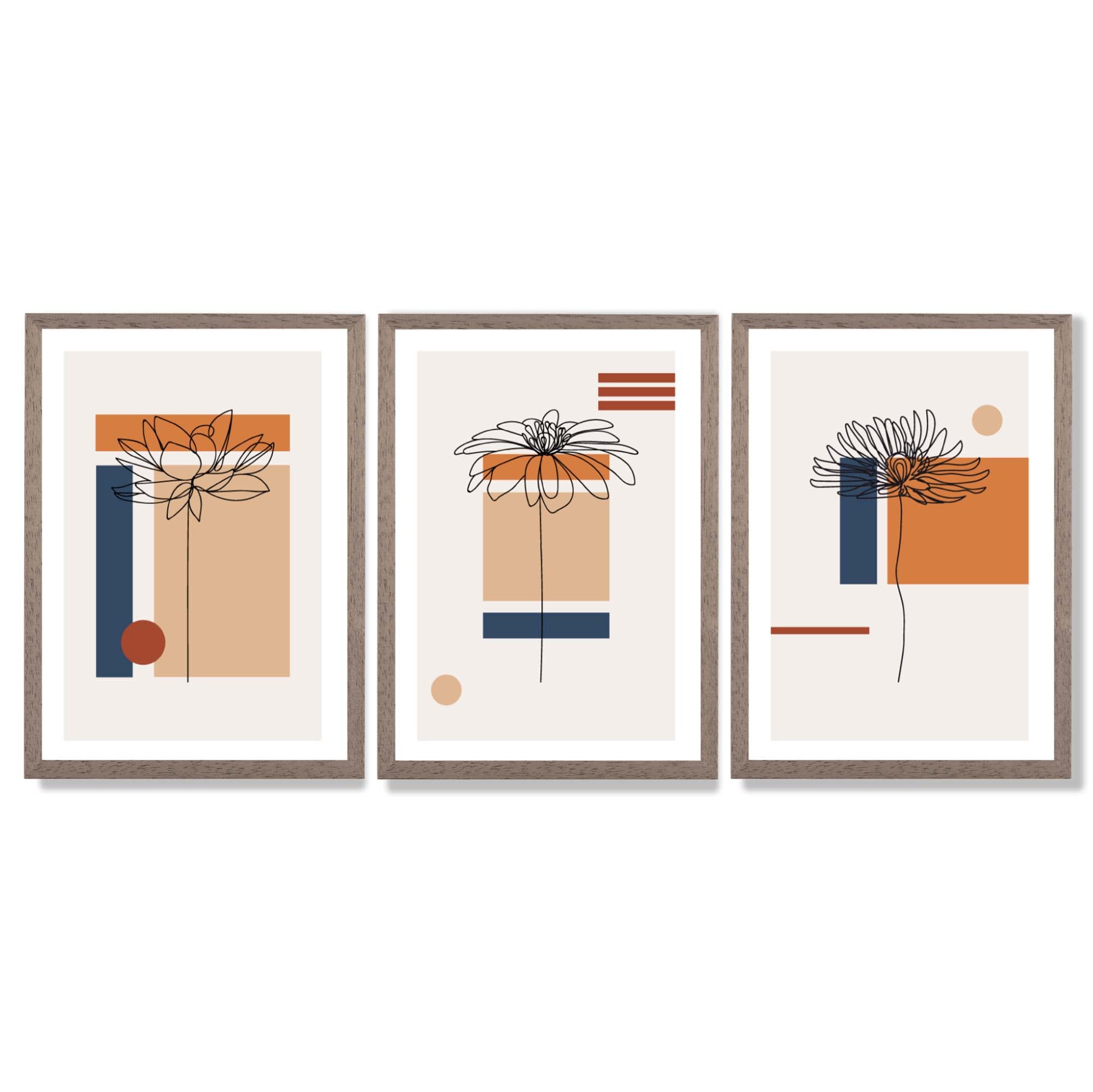 Set of 3 Sketch Flowers with Navy and Orange Geometric  Framed Art Prints with Light Walnut Frames